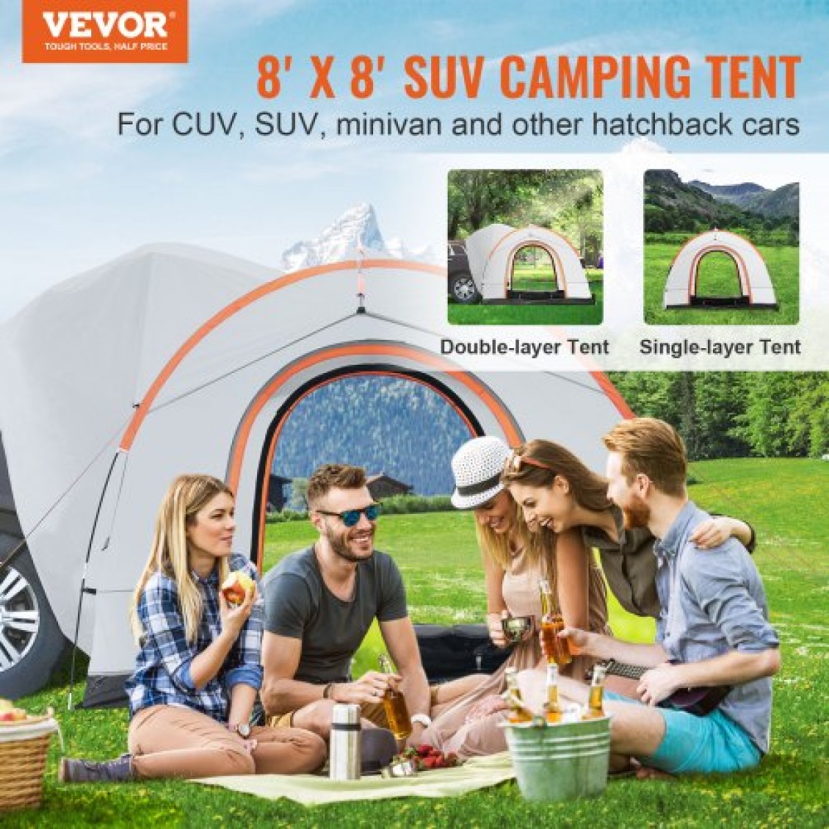 Σκηνή κάμπινγκ VEVOR SUV, Εξάρτημα 8'-8' SUV Tent Attachment για Κάμπινγκ με στρώμα βροχής και τσάντα μεταφοράς, αδιάβροχη σκηνή φορτηγού διπλής στρώσης PU2000mm, φιλοξενία 6-8 ατόμων, πίσω σκηνή για Van Hatch πίσω πόρτα