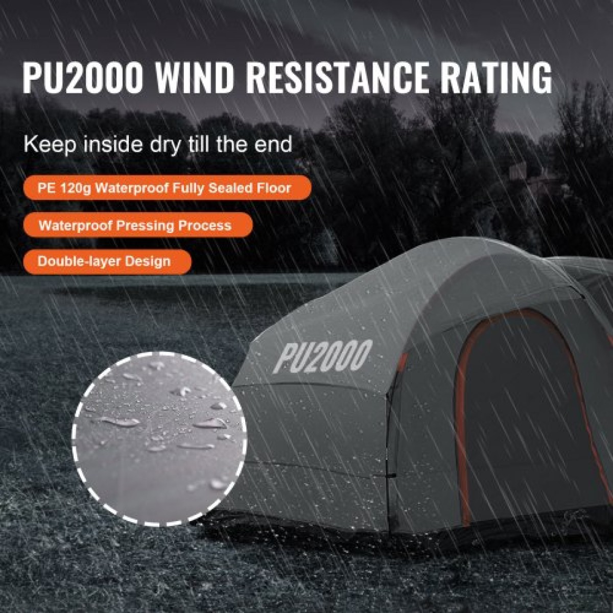 Σκηνή κάμπινγκ VEVOR SUV, Εξάρτημα 8'-8' SUV Tent Attachment για Κάμπινγκ με στρώμα βροχής και τσάντα μεταφοράς, αδιάβροχη σκηνή φορτηγού διπλής στρώσης PU2000mm, φιλοξενία 6-8 ατόμων, πίσω σκηνή για Van Hatch πίσω πόρτα