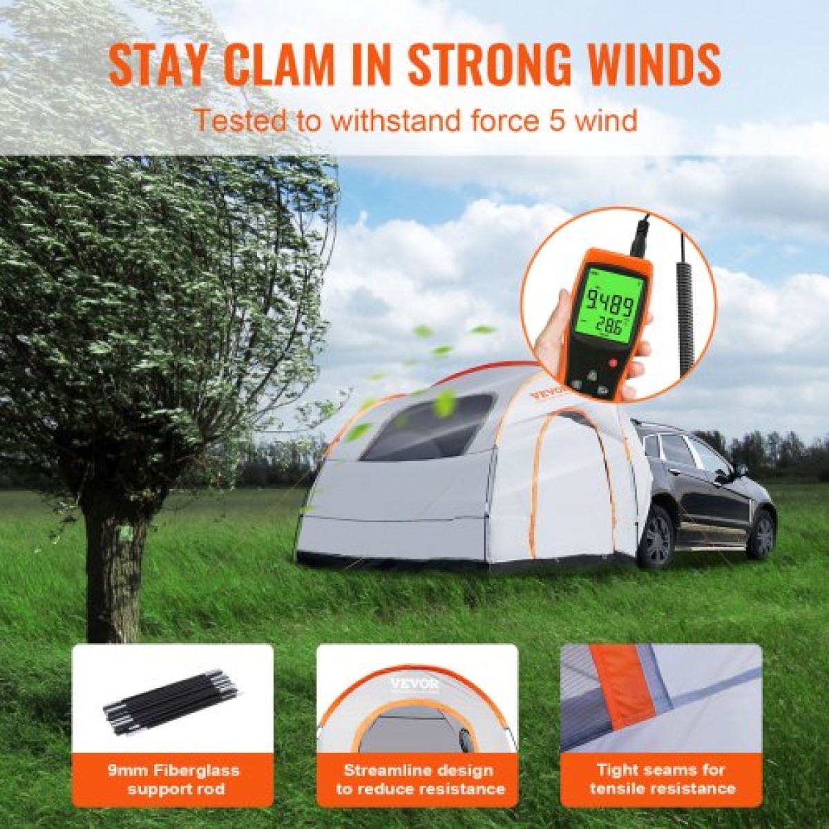 Σκηνή κάμπινγκ VEVOR SUV, Εξάρτημα 8'-8' SUV Tent Attachment για Κάμπινγκ με στρώμα βροχής και τσάντα μεταφοράς, αδιάβροχη σκηνή φορτηγού διπλής στρώσης PU2000mm, φιλοξενία 6-8 ατόμων, πίσω σκηνή για Van Hatch πίσω πόρτα