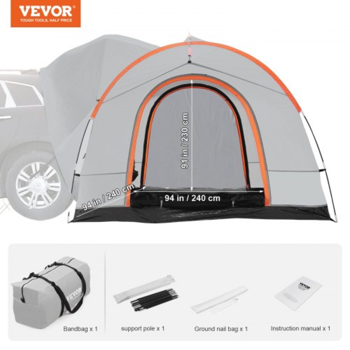Σκηνή κάμπινγκ VEVOR SUV, Εξάρτημα 8'-8' SUV Tent Attachment για Κάμπινγκ με στρώμα βροχής και τσάντα μεταφοράς, αδιάβροχη σκηνή φορτηγού διπλής στρώσης PU2000mm, φιλοξενία 6-8 ατόμων, πίσω σκηνή για Van Hatch πίσω πόρτα