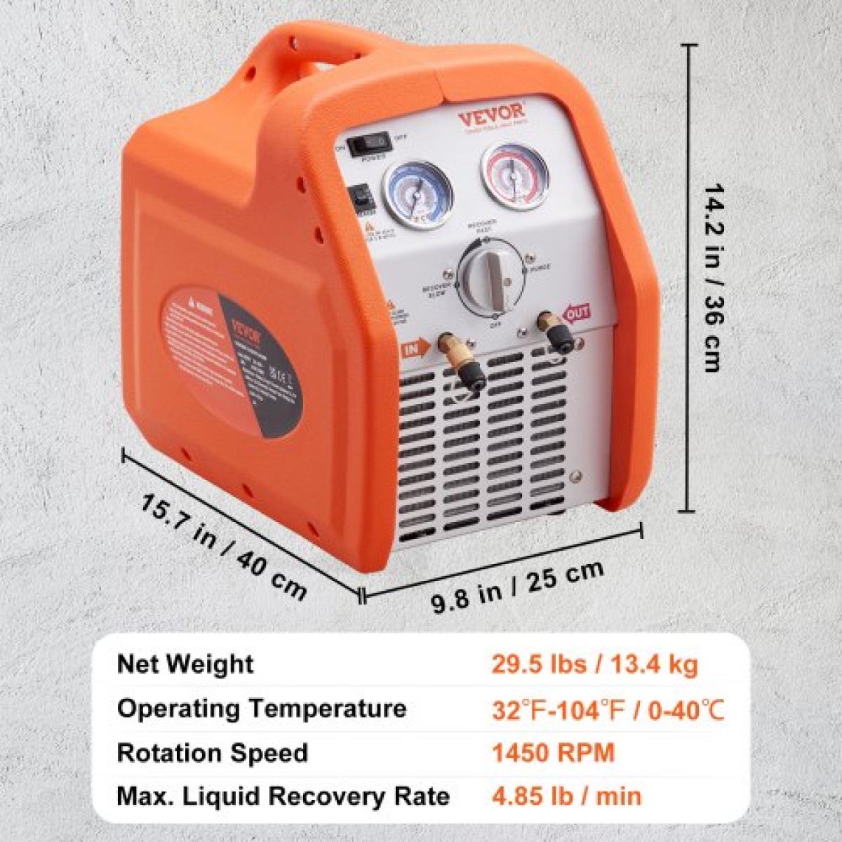 VEVOR Portable 3/4 HP Refrigerant Recovery Machine - AC Recovery Machine with High Pressure Protection 220-240V 60Hz Recovery Machine HVAC for Vapor Liquid Refrigerant, Car Conditioning