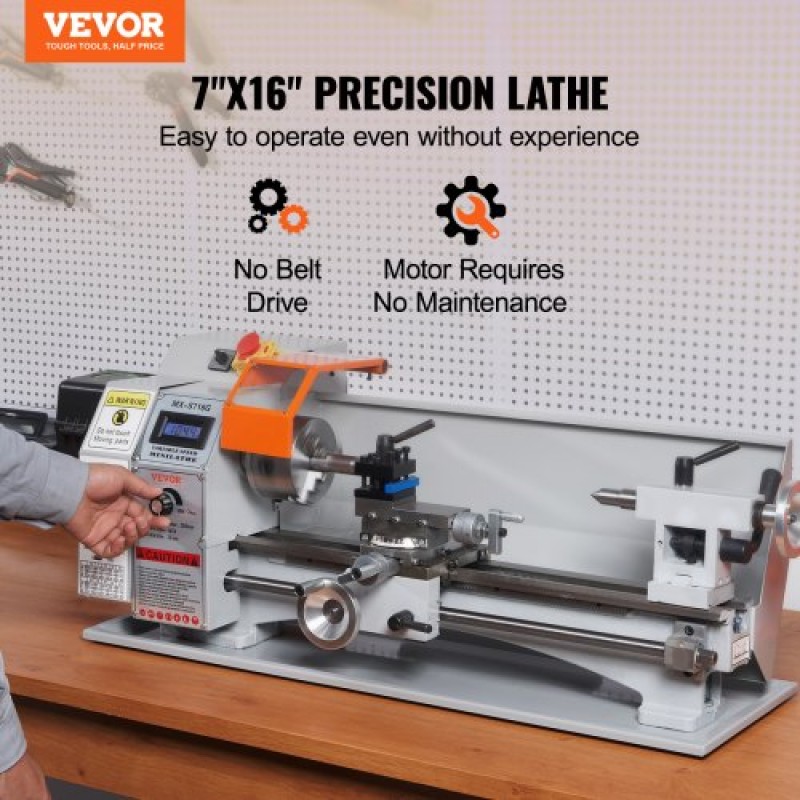 VEVOR Mini Metal Lathe Machine, 17,8 cm x 40,7 cm, 800W Precision Benchtop Power Metal Lathe, 150-2500 RPM Συνεχώς μεταβλητή ταχύτητα, με 9,9 cm 3-σιαγόνι μεταλλικό τσοκ εργαλειοθήκη για επεξεργασία ανταλλακτικών ακριβείας