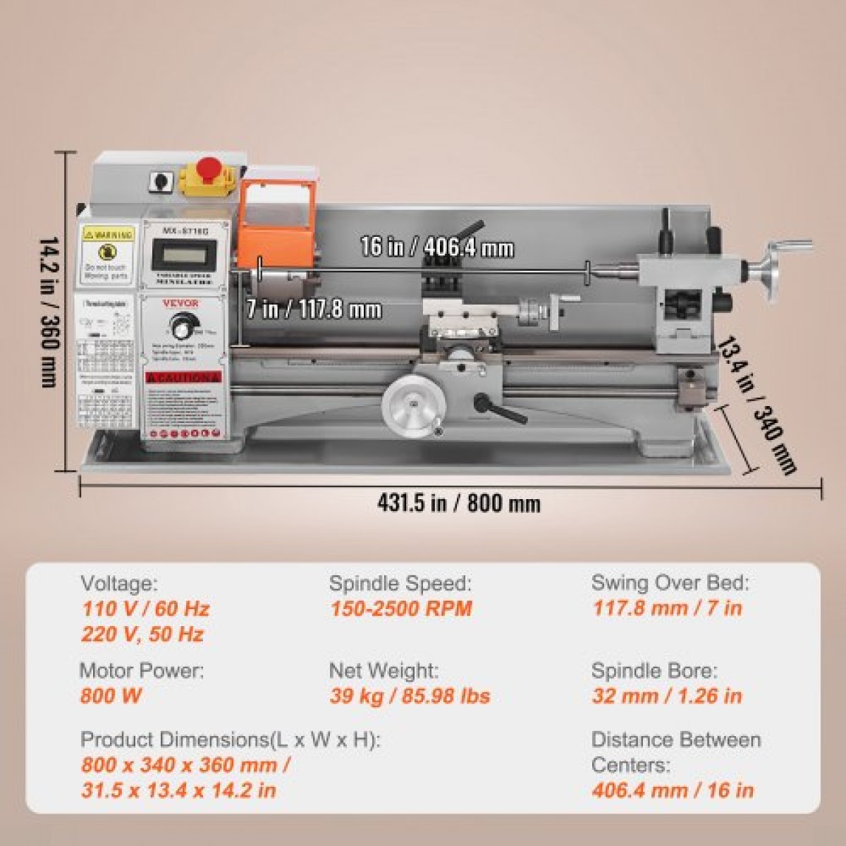 VEVOR Mini Metal Lathe Machine, 17,8 cm x 40,7 cm, 800W Precision Benchtop Power Metal Lathe, 150-2500 RPM Συνεχώς μεταβλητή ταχύτητα, με 9,9 cm 3-σιαγόνι μεταλλικό τσοκ εργαλειοθήκη για επεξεργασία ανταλλακτικών ακριβείας