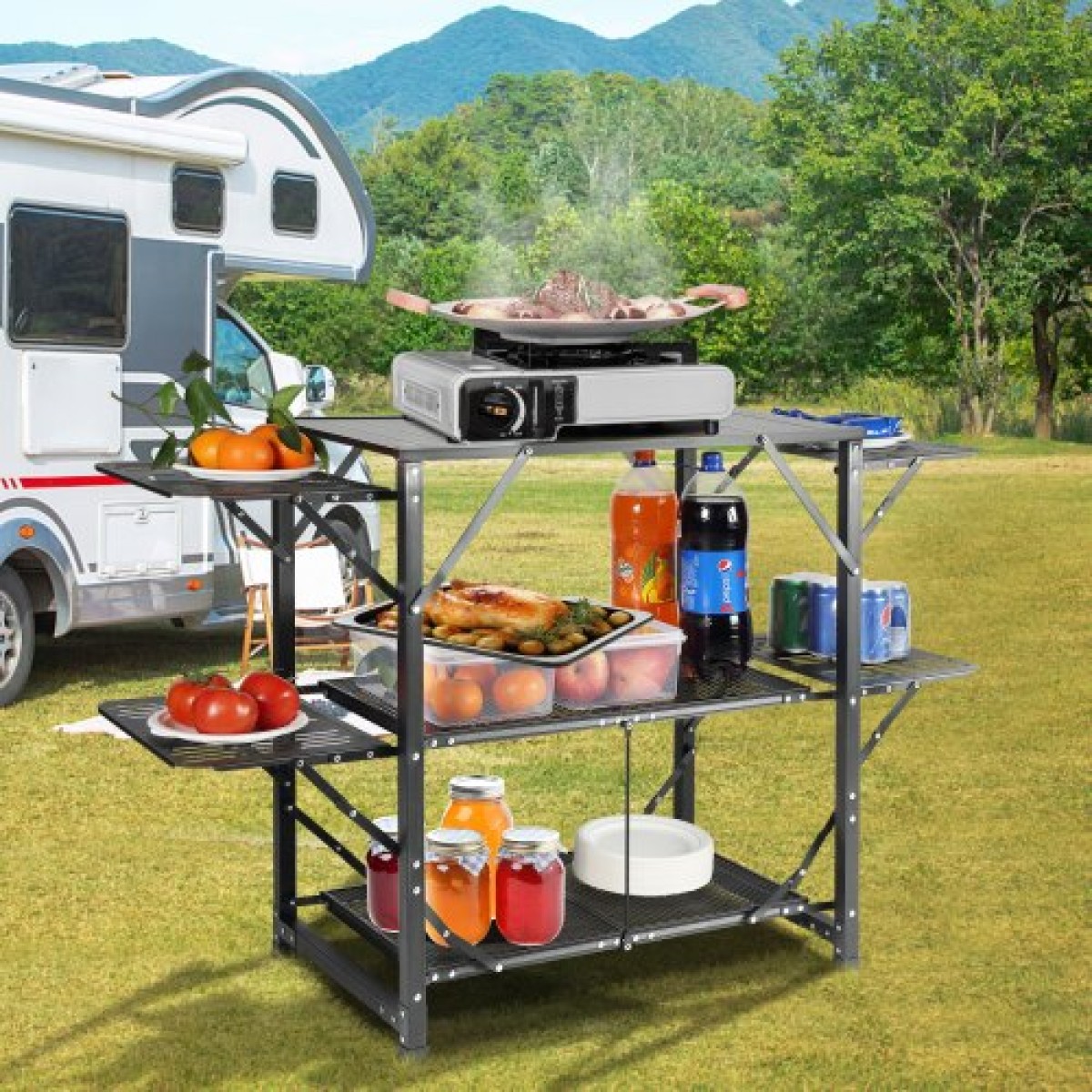 Τραπέζι Κουζίνας Camping VEVOR, Μονοκόμματο πτυσσόμενο φορητό σταθμό μαγειρέματος με τσάντα μεταφοράς, τραπέζι κάμπινγκ αλουμινίου 4 σιδερένια πλαϊνά τραπέζια & 2 ράφια, Ιδανικό για υπαίθρια πικνίκ, μπάρμπεκιου, κάμπινγκ, ταξίδια με RV