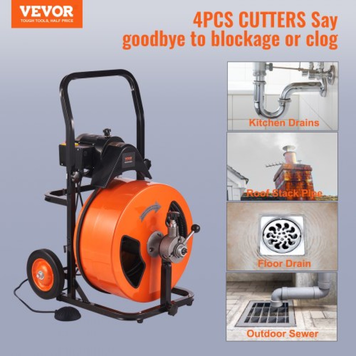 Μηχάνημα καθαρισμού αποχέτευσης VEVOR 30m x 19mm, Auto Feed Sewer Snake Auger on Wheels, Φορητό μηχάνημα καθαρισμού αποχέτευσης με 4 κόφτες & διακόπτης ποδιών που ενεργοποιείται με αέρα για σωλήνες 100mm έως 200mm