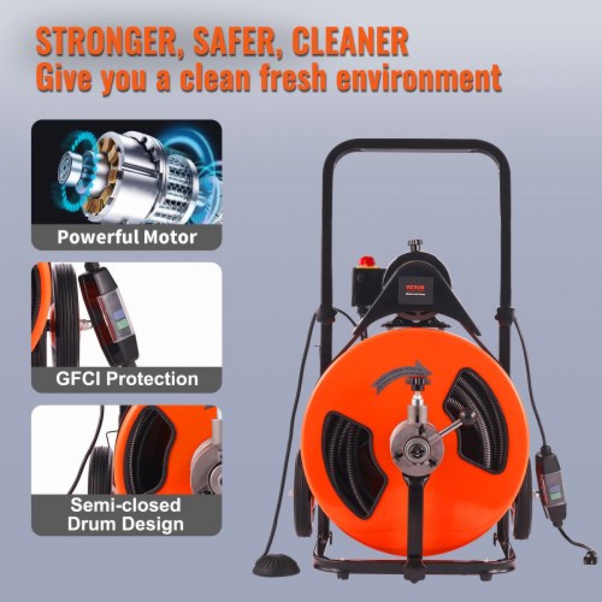 Μηχάνημα καθαρισμού αποχέτευσης VEVOR 30m x 19mm, Auto Feed Sewer Snake Auger on Wheels, Φορητό μηχάνημα καθαρισμού αποχέτευσης με 4 κόφτες & διακόπτης ποδιών που ενεργοποιείται με αέρα για σωλήνες 100mm έως 200mm