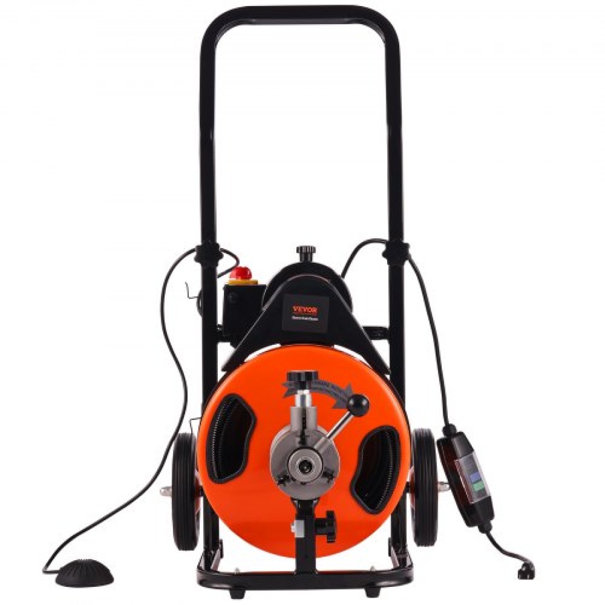 Μηχάνημα καθαρισμού αποχέτευσης VEVOR 30m x 9,5mm, Auto Feed Sewer Snake Auger on Wheels, Φορητό μηχάνημα καθαρισμού αποχέτευσης με 4 κόφτες & διακόπτης ποδιών που ενεργοποιείται με αέρα για σωλήνες 50mm έως 100mm