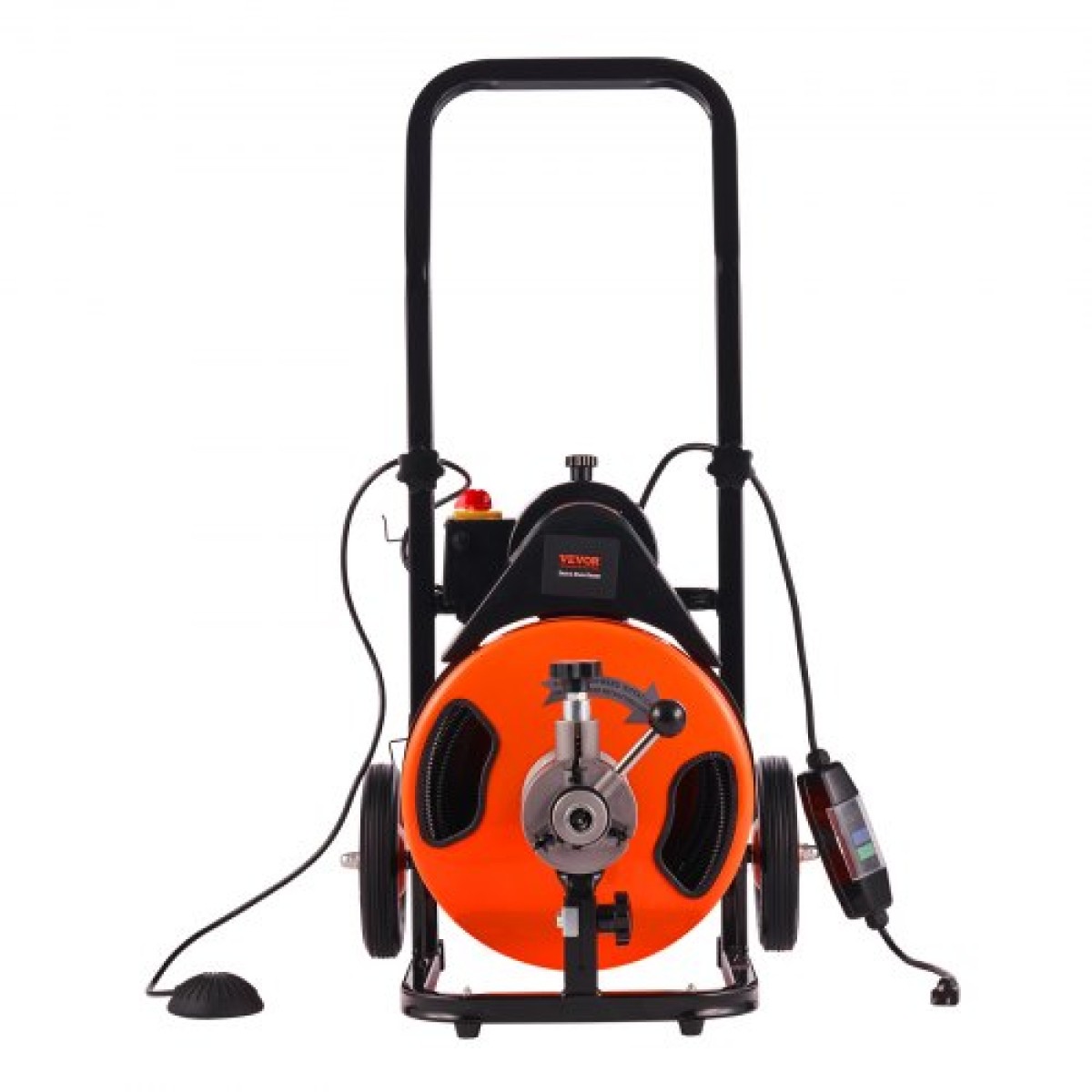 Μηχάνημα καθαρισμού αποχέτευσης VEVOR 30m x 9,5mm, Auto Feed Sewer Snake Auger on Wheels, Φορητό μηχάνημα καθαρισμού αποχέτευσης με 4 κόφτες & διακόπτης ποδιών που ενεργοποιείται με αέρα για σωλήνες 50mm έως 100mm
