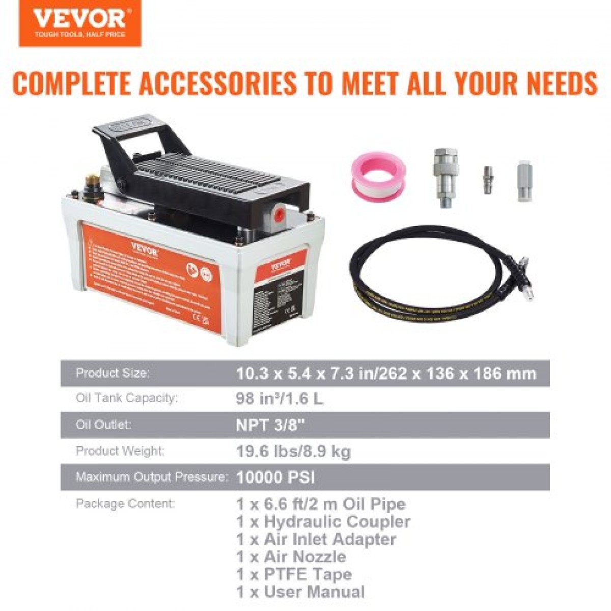 VEVOR Air Hydraulic Pump, 6895 bar 1,9L Reservoir, NPT 10mm Oil Outlet, NPT 6,4mm Pipe, 2m Pipe, Foot Actuated Hydraulic Pump Air Treadle for Auto Body Frame Machines and Pulling Post, Γκρι