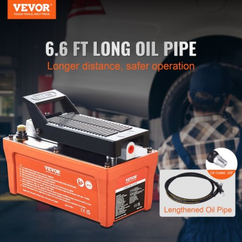 VEVOR Air Hydraulic Pump, 6895 bar 1.9L Reservoir, NPT 10mm Oil Outlet, NPT 6.4mm Pipe, Foot Actuated Hydraulic Pump Air Treadle for Auto Body Frame Machines and Pulling Post, Πορτοκαλί