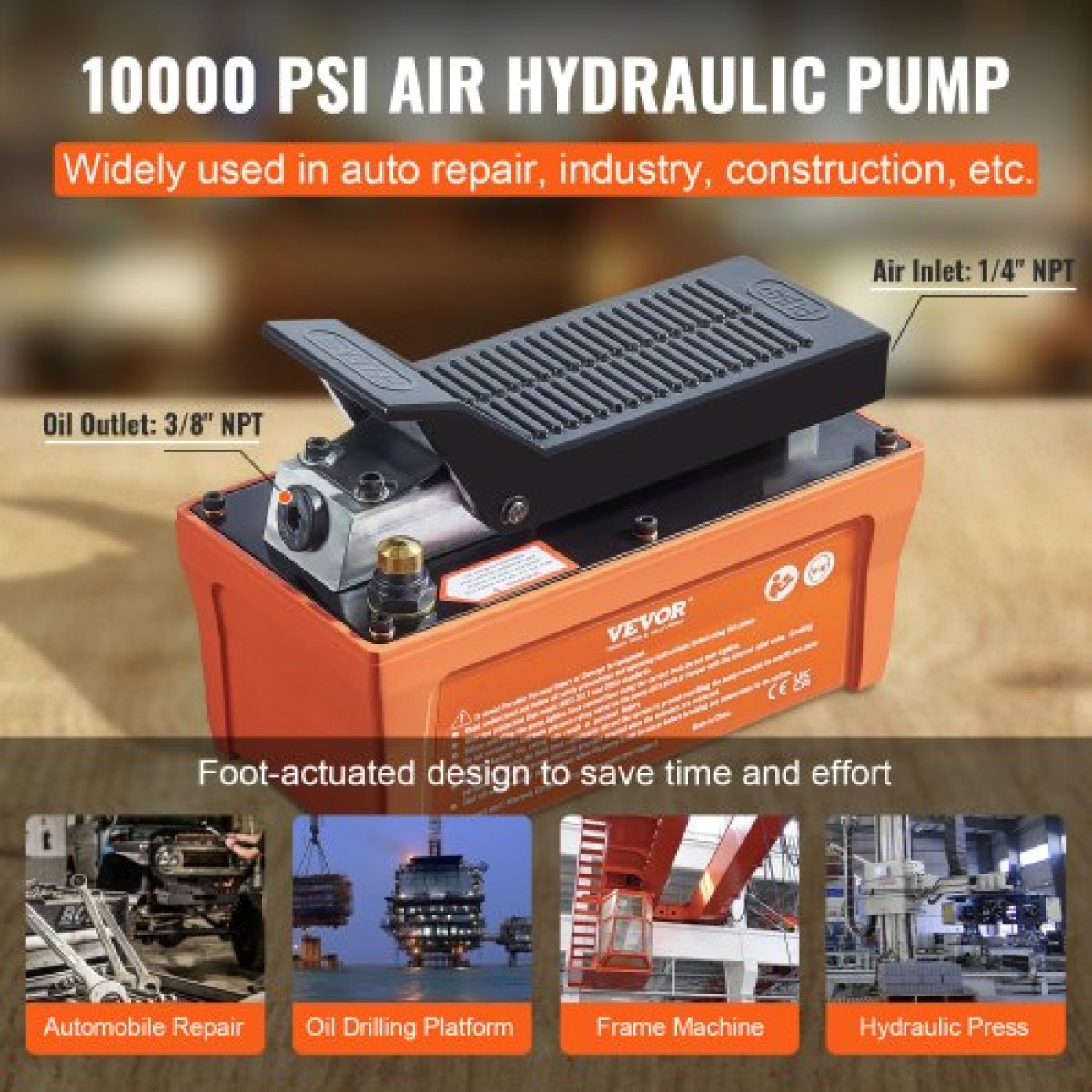 VEVOR Air Hydraulic Pump, 6895 bar 1.9L Reservoir, NPT 10mm Oil Outlet, NPT 6.4mm Pipe, Foot Actuated Hydraulic Pump Air Treadle for Auto Body Frame Machines and Pulling Post, Πορτοκαλί