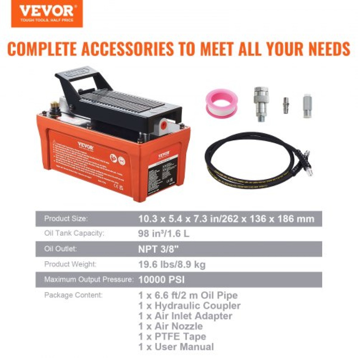 VEVOR Air Hydraulic Pump, 6895 bar 1.9L Reservoir, NPT 10mm Oil Outlet, NPT 6.4mm Pipe, Foot Actuated Hydraulic Pump Air Treadle for Auto Body Frame Machines and Pulling Post, Πορτοκαλί