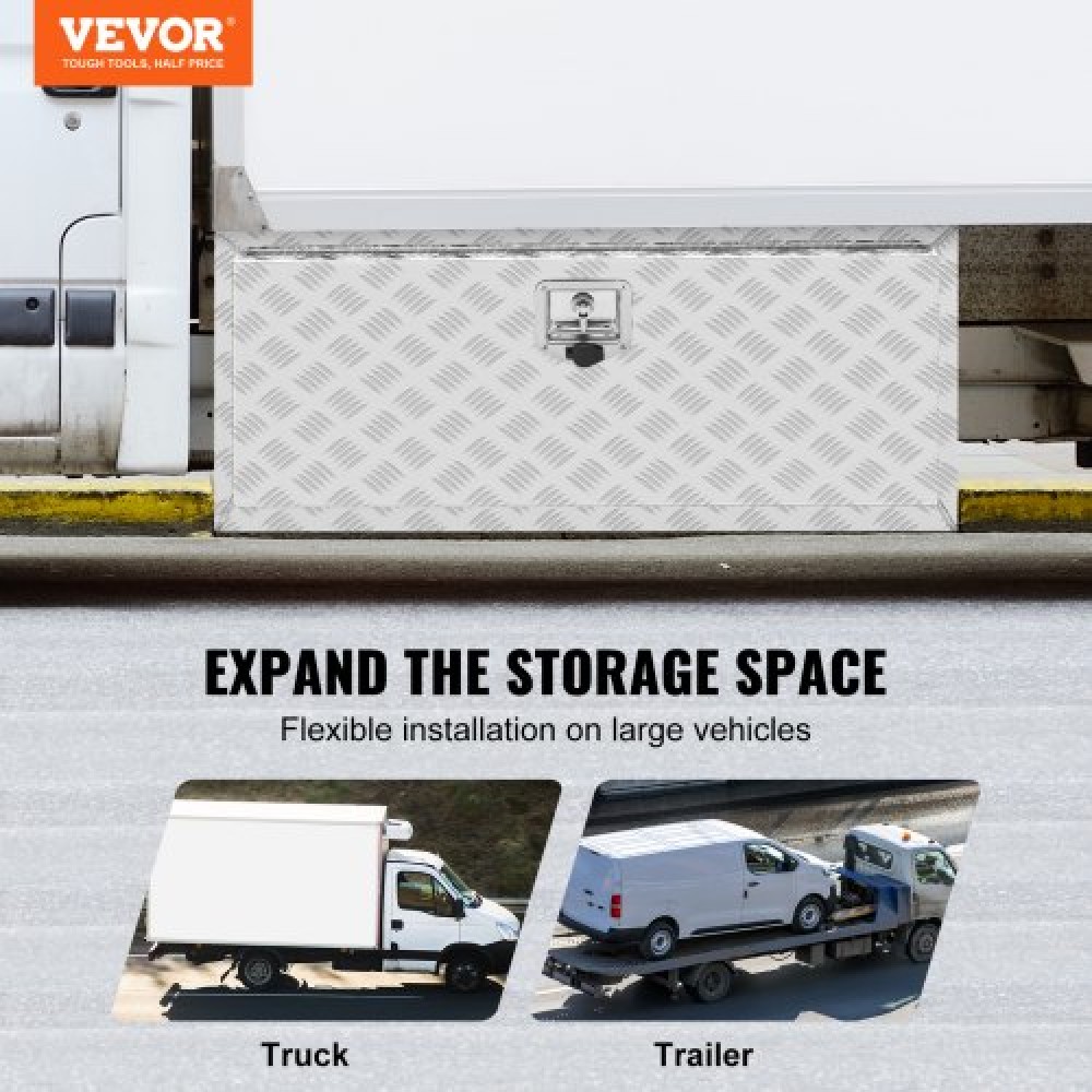 VEVOR Underbody Truck Box, 36"×24"×24" Pickup Storage Box, Heavy Duty Aluminum Diamond Plate Tool Box with Lock and Keys, Waterproof Trailer Storage Box with T-Handle Latch for Truck, Van, Trailer