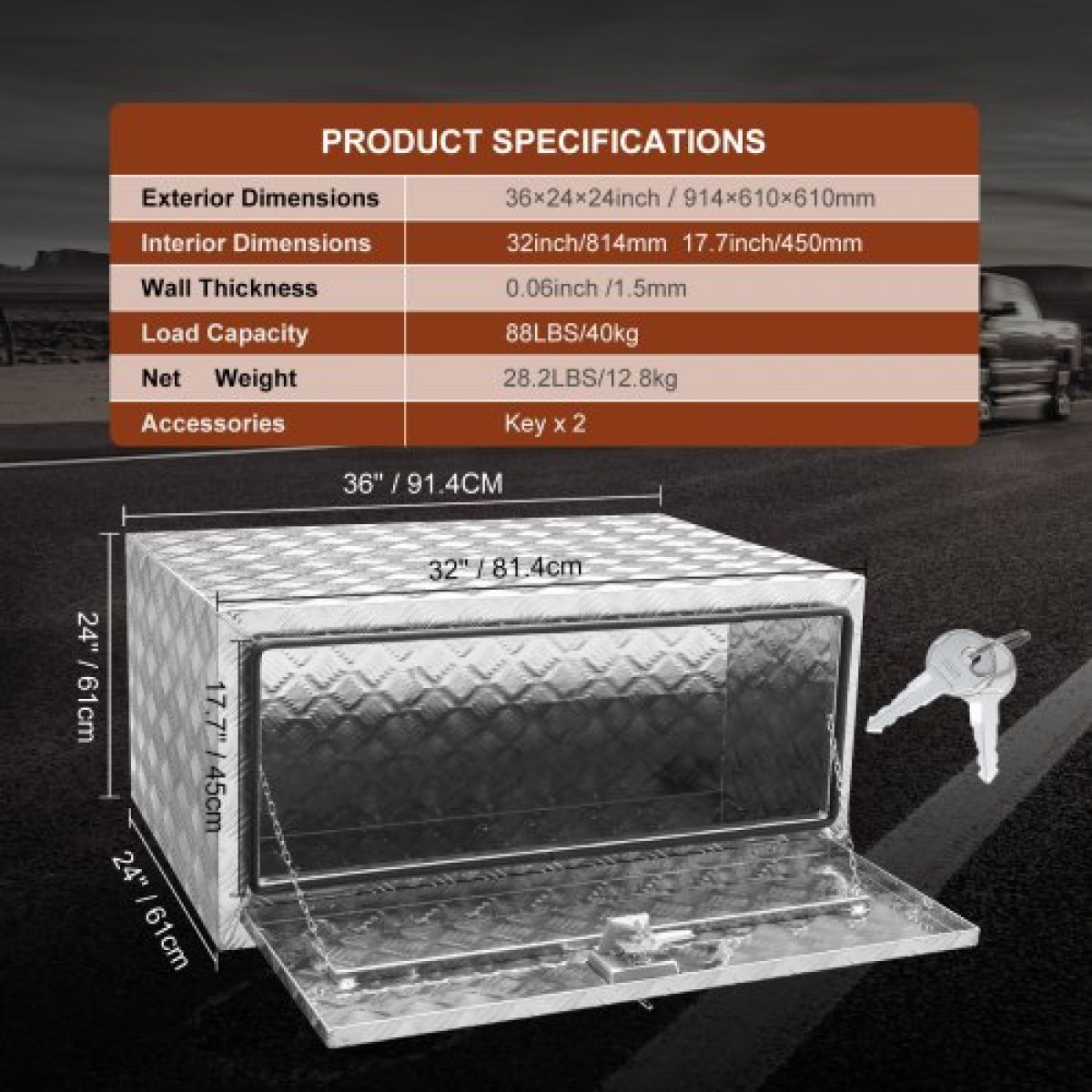 VEVOR Underbody Truck Box, 36"×24"×24" Pickup Storage Box, Heavy Duty Aluminum Diamond Plate Tool Box με κλειδαριά και κλειδιά, Αδιάβροχο κουτί αποθήκευσης τρέιλερ με μάνταλο T-handle για φορτηγό, φορτηγό, ρυμουλκούμενο