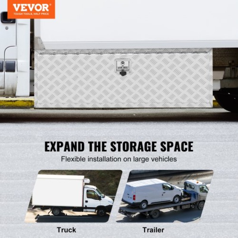 VEVOR Underbody Truck Box, 48"×24"×24" Pickup Storage Box, Heavy Duty Aluminium Diamond Plate Tool Box με κλειδαριά και κλειδιά, Αδιάβροχο κουτί αποθήκευσης τρέιλερ με μάνταλο T-handle για φορτηγό, φορτηγό, τρέιλερ