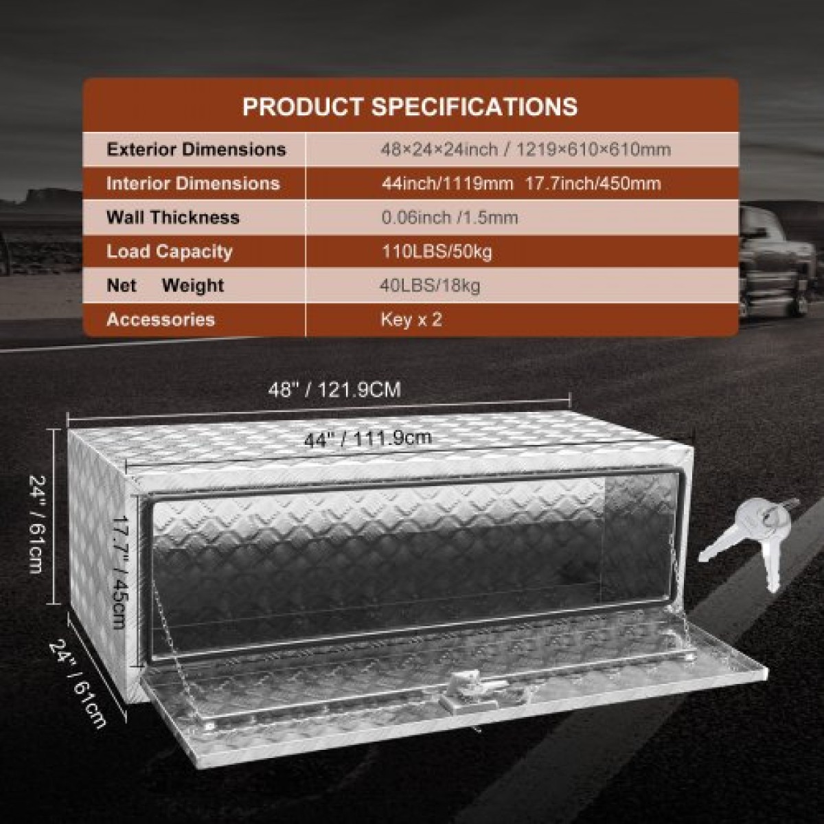VEVOR Underbody Truck Box, 48"×24"×24" Pickup Storage Box, Heavy Duty Aluminium Diamond Plate Tool Box με κλειδαριά και κλειδιά, Αδιάβροχο κουτί αποθήκευσης τρέιλερ με μάνταλο T-handle για φορτηγό, φορτηγό, τρέιλερ