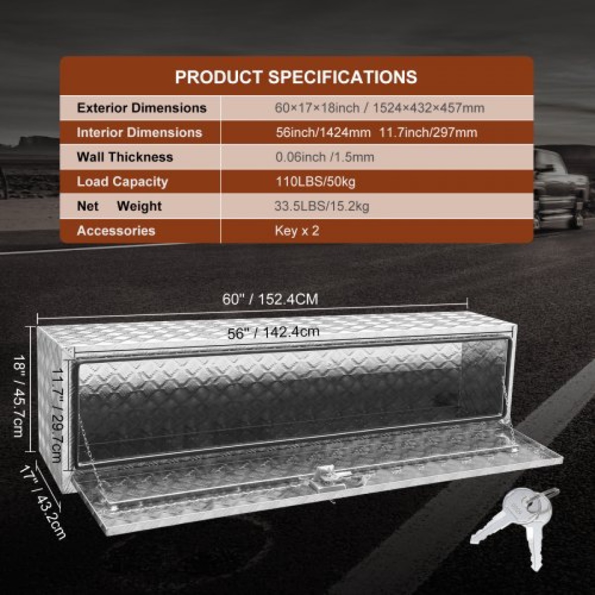 VEVOR Underbody Truck Box, 152,4 x 43,2 x 45,7 cm Pickup Storage Box, Heavy Duty Aluminium Diamond Plate Tool Box με κλειδαριά και κλειδιά, Αδιάβροχο κουτί αποθήκευσης τρέιλερ με μάνταλο T-handle για φορτηγό, φορτηγό, τρέιλερ