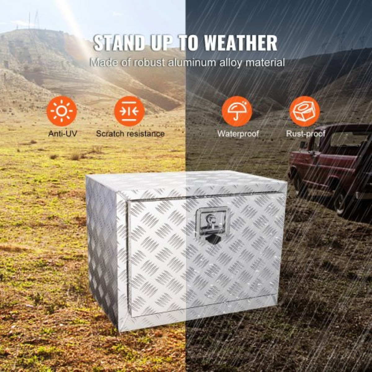 VEVOR Underbody Truck Box, 61 x 35,6 x 40,6 cm Pickup Storage Box, Heavy Duty Aluminium Diamond Plate Tool Box με κλειδαριά και κλειδιά, Αδιάβροχο κουτί αποθήκευσης τρέιλερ με μάνταλο T-Handle για φορτηγό, φορτηγό, τρέιλερ