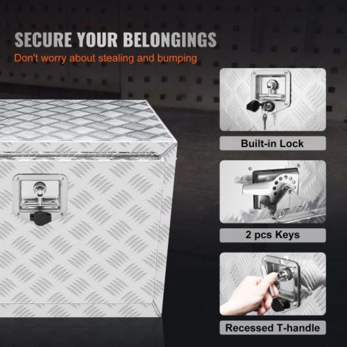 VEVOR Underbody Truck Box, 61 x 35,6 x 40,6 cm Pickup Storage Box, Heavy Duty Aluminium Diamond Plate Tool Box με κλειδαριά και κλειδιά, Αδιάβροχο κουτί αποθήκευσης τρέιλερ με μάνταλο T-Handle για φορτηγό, φορτηγό, τρέιλερ