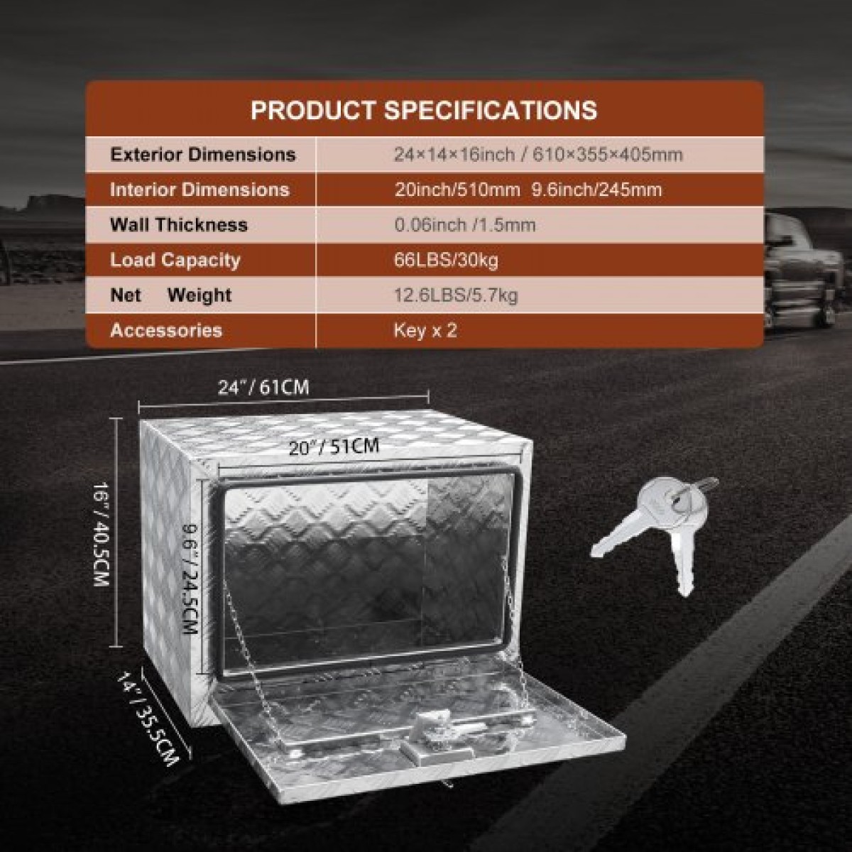 VEVOR Underbody Truck Box, 61 x 35,6 x 40,6 cm Pickup Storage Box, Heavy Duty Aluminium Diamond Plate Tool Box με κλειδαριά και κλειδιά, Αδιάβροχο κουτί αποθήκευσης τρέιλερ με μάνταλο T-Handle για φορτηγό, φορτηγό, τρέιλερ