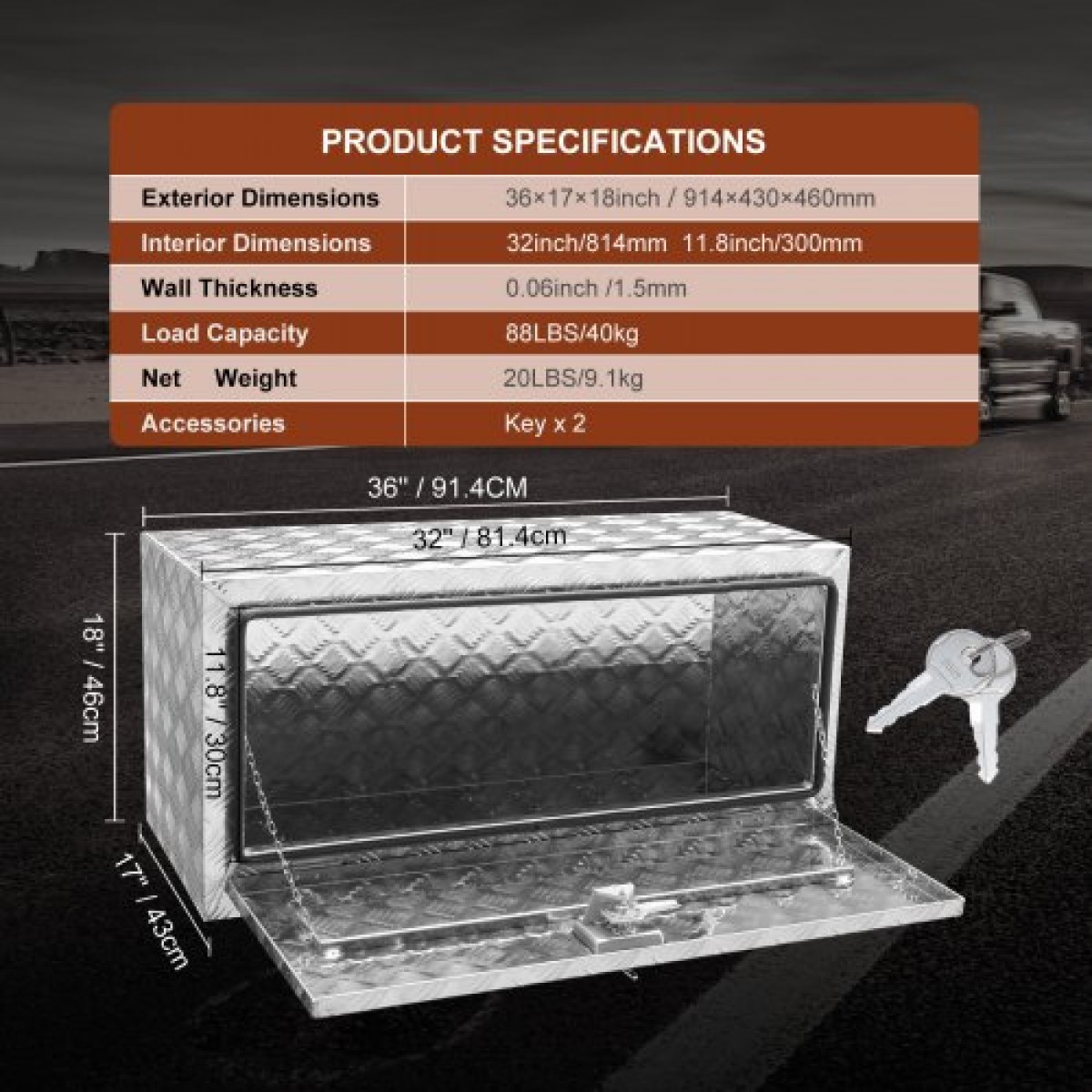VEVOR Underbody Truck Box, 914 x 430 x 460 mm Pickup Storage Box, Heavy Duty Diamond Plate Tool Box με κλειδαριά και κλειδιά, αδιάβροχο κουτί αποθήκευσης τρέιλερ με μάνταλο T-handle για φορτηγό, φορτηγό, ρυμουλκούμενο