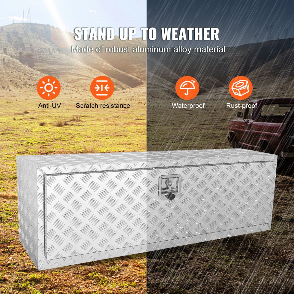 VEVOR Underbody Truck Box, 1219 x 430 x 460 mm Pickup Storage Box, Heavy Duty Aluminium Diamond Plate Tool Box με κλειδαριά και κλειδιά, Αδιάβροχο κουτί αποθήκευσης τρέιλερ με μάνταλο T-handle για φορτηγό, φορτηγό, ρυμουλκούμενο