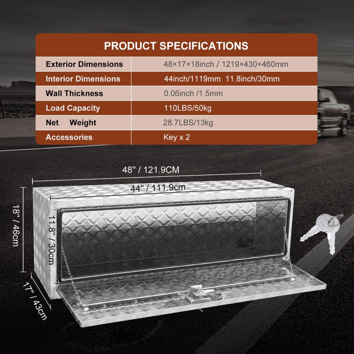 VEVOR Underbody Truck Box, 1219 x 430 x 460 mm Pickup Storage Box, Heavy Duty Aluminium Diamond Plate Tool Box με κλειδαριά και κλειδιά, Αδιάβροχο κουτί αποθήκευσης τρέιλερ με μάνταλο T-handle για φορτηγό, φορτηγό, ρυμουλκούμενο