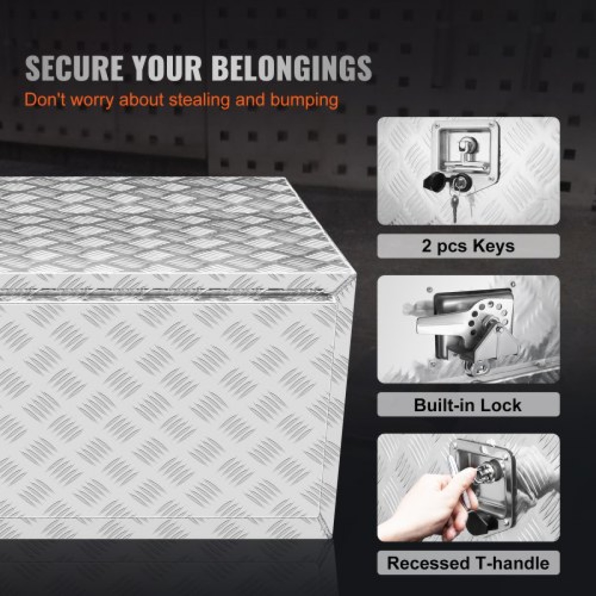 VEVOR Underbody Truck Box, 1524 x 610 x 610 mm Pickup Storage Box, Heavy Duty Aluminium Diamond Plate Tool Box με κλειδαριά και κλειδιά, Αδιάβροχο κουτί αποθήκευσης τρέιλερ με μάνταλο T-Handle για φορτηγό, φορτηγό, ρυμουλκούμενο
