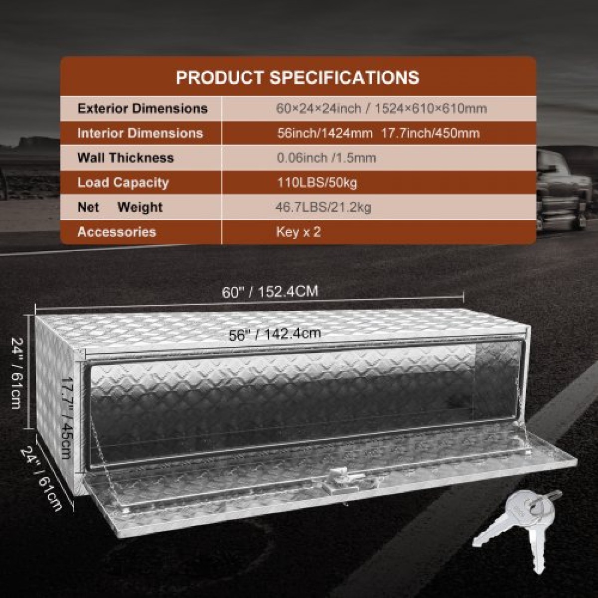 VEVOR Underbody Truck Box, 1524 x 610 x 610 mm Pickup Storage Box, Heavy Duty Aluminium Diamond Plate Tool Box με κλειδαριά και κλειδιά, Αδιάβροχο κουτί αποθήκευσης τρέιλερ με μάνταλο T-Handle για φορτηγό, φορτηγό, ρυμουλκούμενο