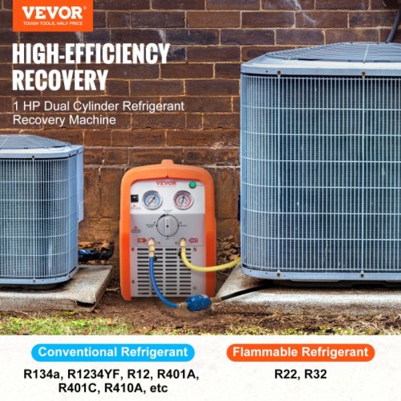 VEVOR 1 HP Refrigerant Recovery Machine - Dual Cylinder Portable AC Recovery Machine with High Pressure Protection 220-240V 50Hz Recovery Machine HVAC for Vapor Liquid Refrigerant, Car Air Conditionin