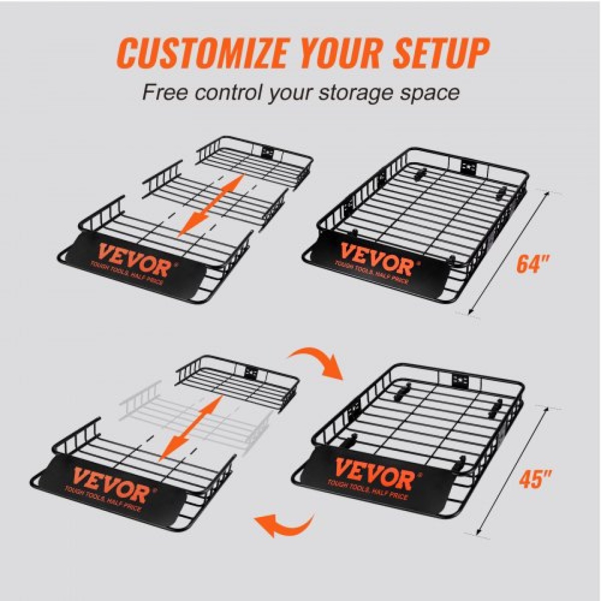 Καλάθι φορτίου VEVOR Roof Rack, 162,6 cm x 99,1 cm x 15,2 cm Μεταφορέας φορτίου οροφής με προέκταση, βαρέως τύπου ατσάλι 90,7 kg Χωρητικότητα Universal Roof Rack Basket, Βάση αποσκευών για SUV, φορτηγό