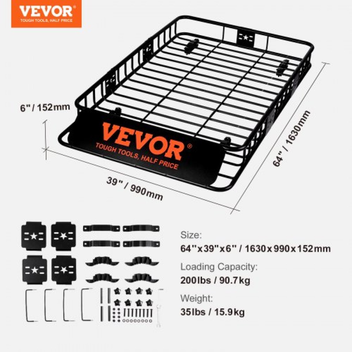 Καλάθι φορτίου VEVOR Roof Rack, 162,6 cm x 99,1 cm x 15,2 cm Μεταφορέας φορτίου οροφής με προέκταση, βαρέως τύπου ατσάλι 90,7 kg Χωρητικότητα Universal Roof Rack Basket, Βάση αποσκευών για SUV, φορτηγό