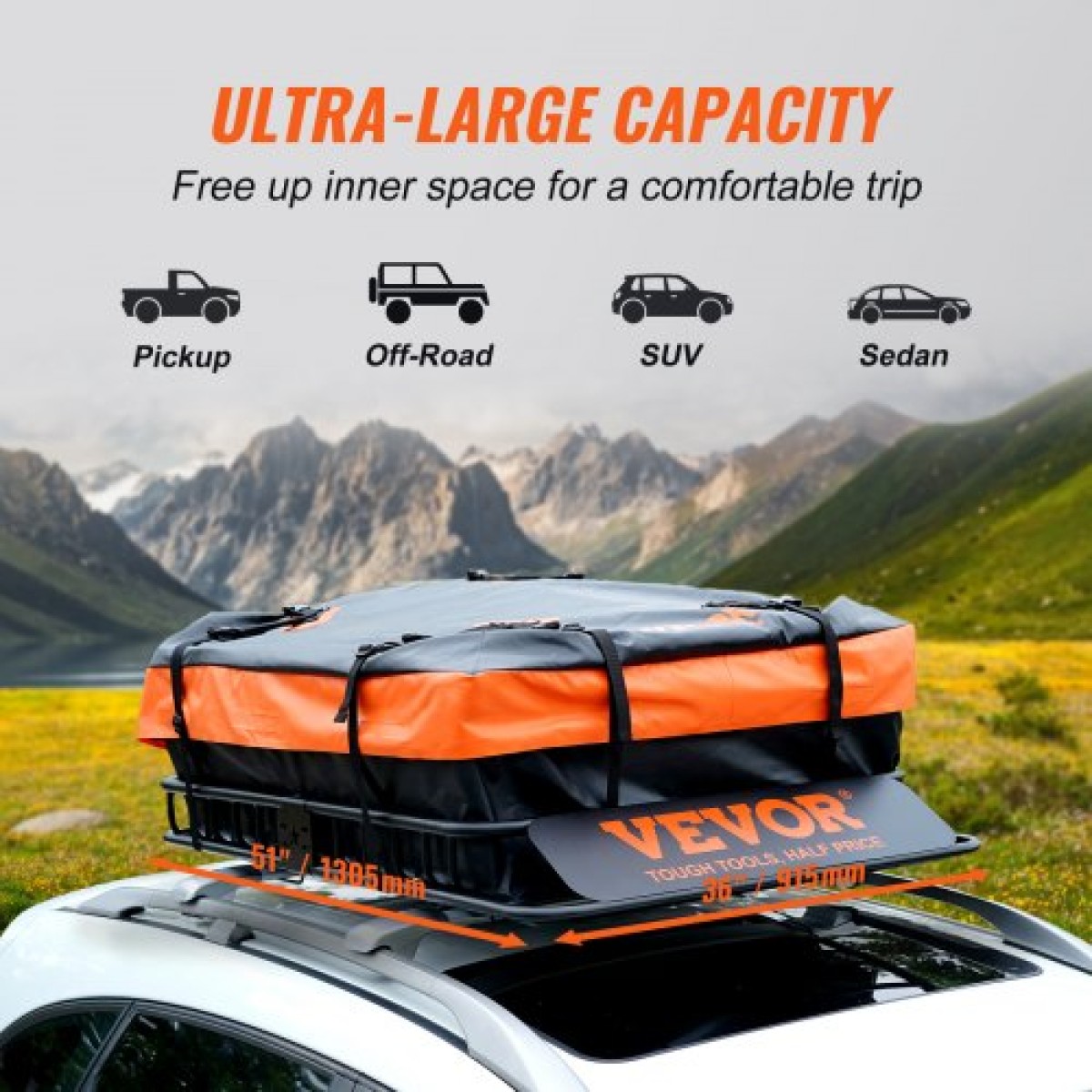 Καλάθι φορτίου VEVOR Roof Rack, 130,5 x 91,5 x 12,7 cm Μεταφορέας φορτίου στον τελευταίο όροφο με αδιάβροχη τσάντα φορτίου 15 Cu Ft, Universal Rack Carrier χωρητικότητας 90 kg για SUV, φορτηγό