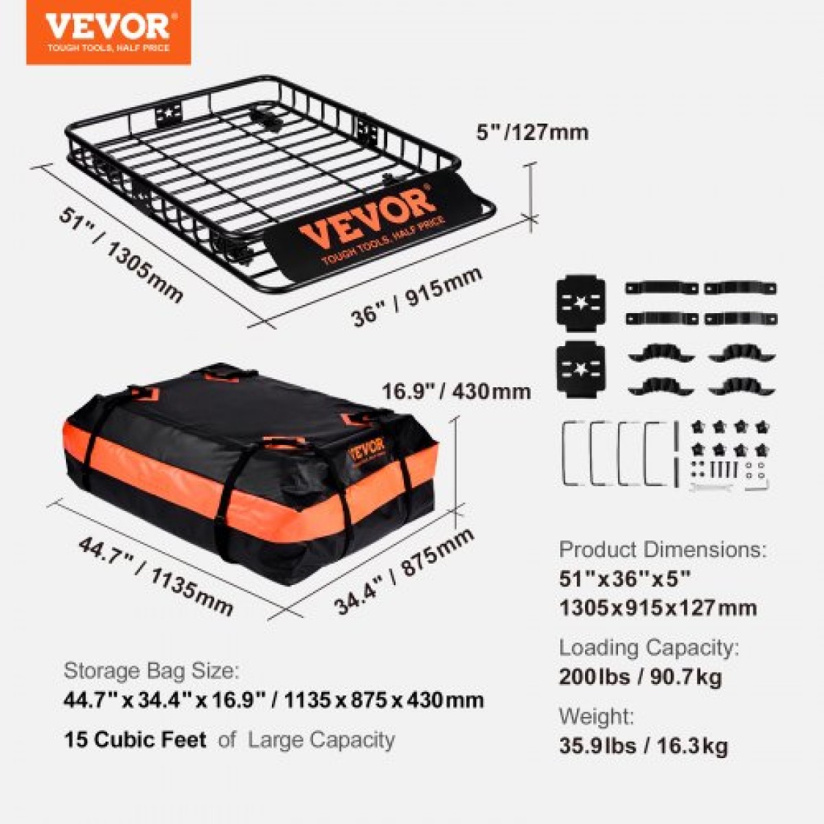 Καλάθι φορτίου VEVOR Roof Rack, 130,5 x 91,5 x 12,7 cm Μεταφορέας φορτίου στον τελευταίο όροφο με αδιάβροχη τσάντα φορτίου 15 Cu Ft, Universal Rack Carrier χωρητικότητας 90 kg για SUV, φορτηγό