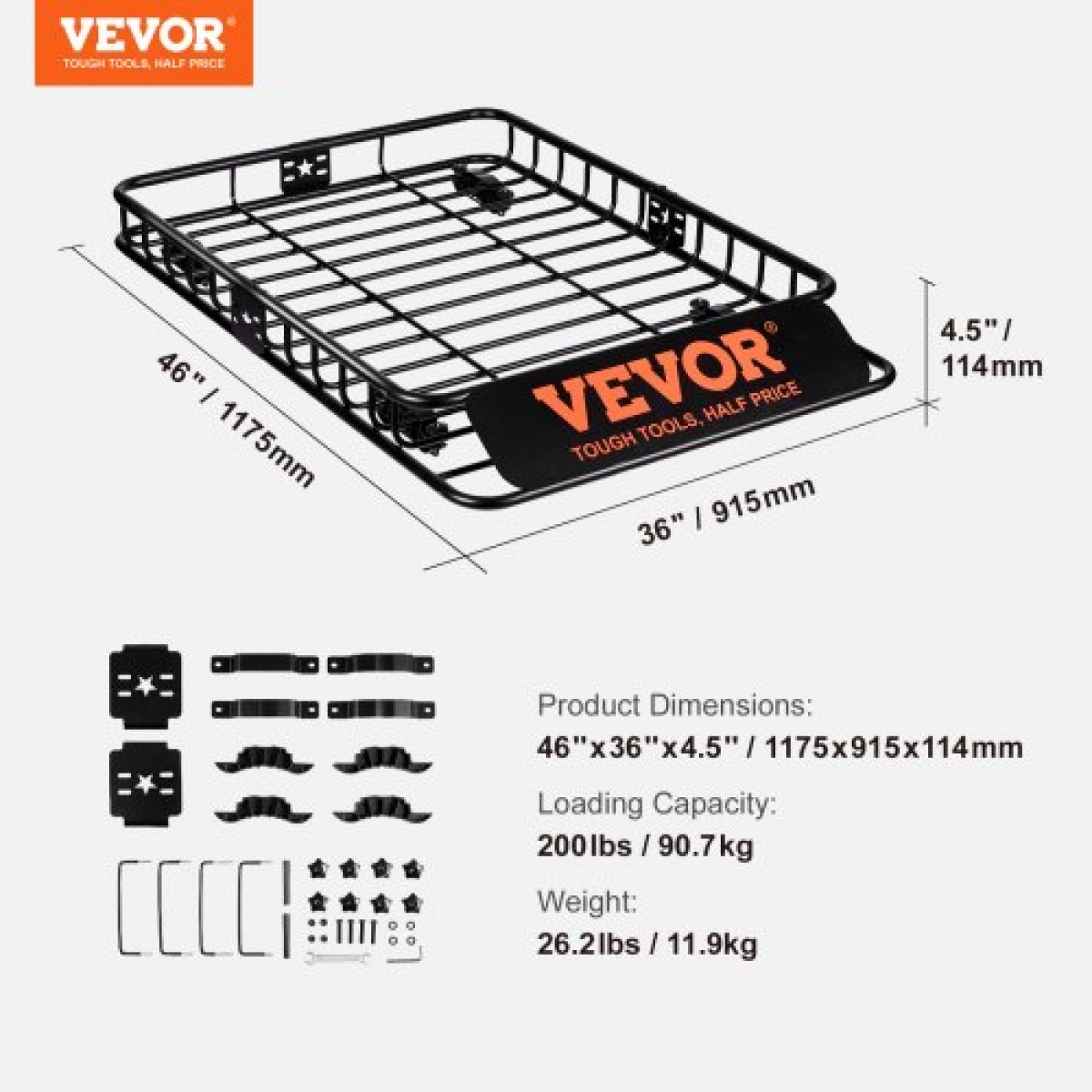 Καλάθι φορτίου VEVOR Roof Rack, 117,5 x 91,5 x 11,4 cm Μεταφορέας φορτίου στον τελευταίο όροφο, βαρέως τύπου 90,7 kg Χωρητικότητα Universal Roof Rack Basket, Βάση αποσκευών για SUV, Truck, Vehicle