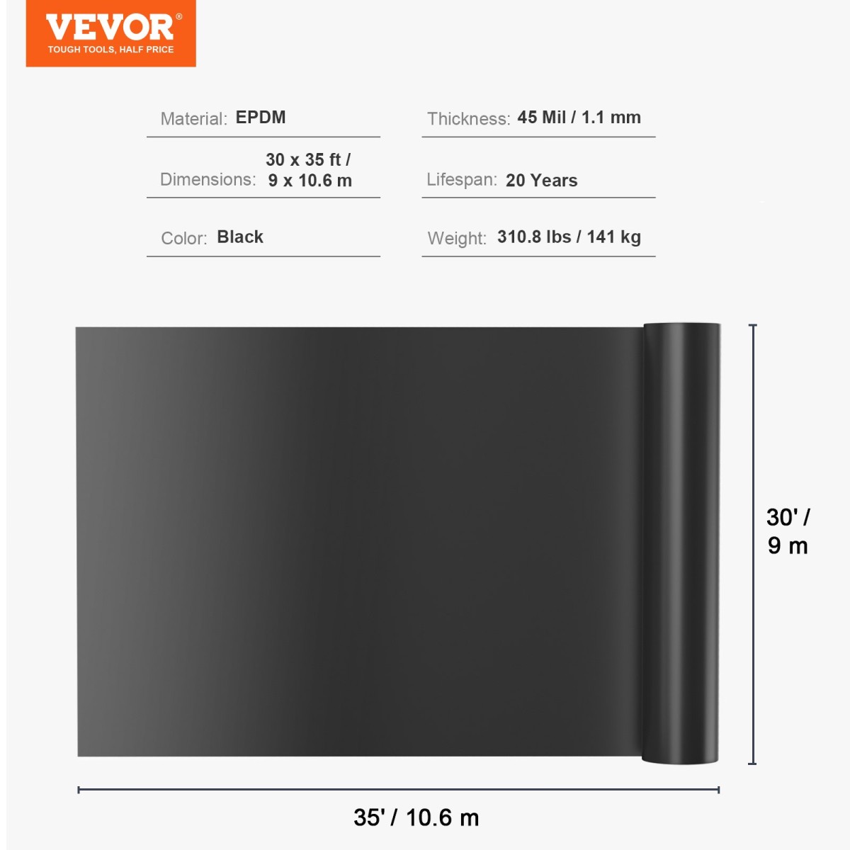 Επένδυση λιμνών VEVOR, 9 x 10,6 m πάχους 1,5 mm, εύκαμπτες επιφάνειες λιμνών από υλικό EPDM, Εύκολη κοπή υποστρώματος για λίμνες ψαριών ή Koi, Χαρακτηριστικά νερού, Βάση καταρράκτη, Σιντριβάνια, Κήποι με νερό, Μαύρο