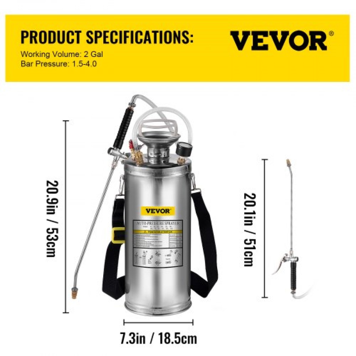 VEVOR Ανοξείδωτος Χάλυβας Ψεκαστήρας 8L Οικιακός Ψεκαστήρας Κηπουρικής και Καθαρισμού δαπέδου, Κατάλληλος για τις Τρέχουσες Υπηρεσίες της Βιομηχανίας, της Γεωργίας, του Εμπορίου, της Ιατρικής και άλλων Βιομηχανιών
