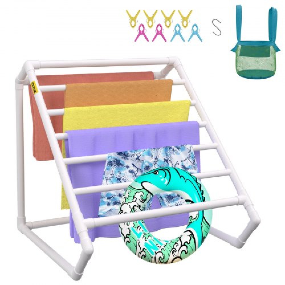 VEVOR Pool Towel Rack, 8 Bar, White, Freestanding Outdoor PVC Triangular Poolside Storage Organizer, Include 8 Towel Clips, Mesh Bag, Hook, Also Stores Floats and Paddles, for Beach, Swimming Pool