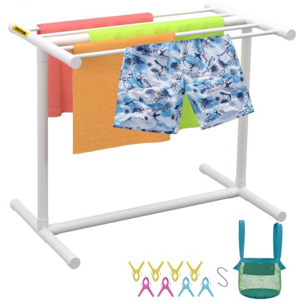 VEVOR Pool Towel Rack, 5 Bar, White, Freestanding Outdoor PVC T-Shape Poolside Storage Organizer, Include 8 Towel Clips, Mesh Bag, Hook, Also Stores Floats and Paddles, for Beach, Swimming Pool, Home