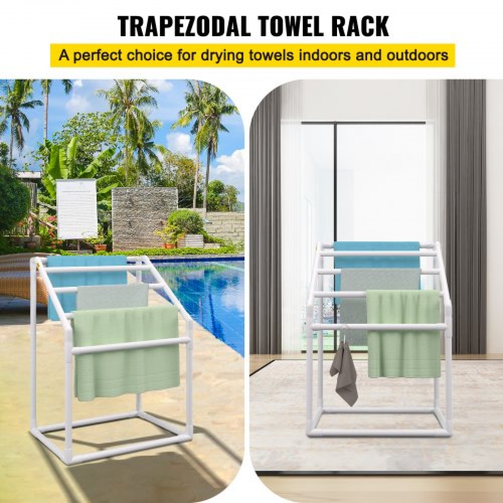 VEVOR Pool Towel Rack, 5 Bar, White, Freestanding Outdoor PVC Trapedozal Poolside Storage Organizer, Include 8 Towel Clips, Mesh Bag, Hook, Also Stores Floats and Paddles, for Beach, Swimming Pool
