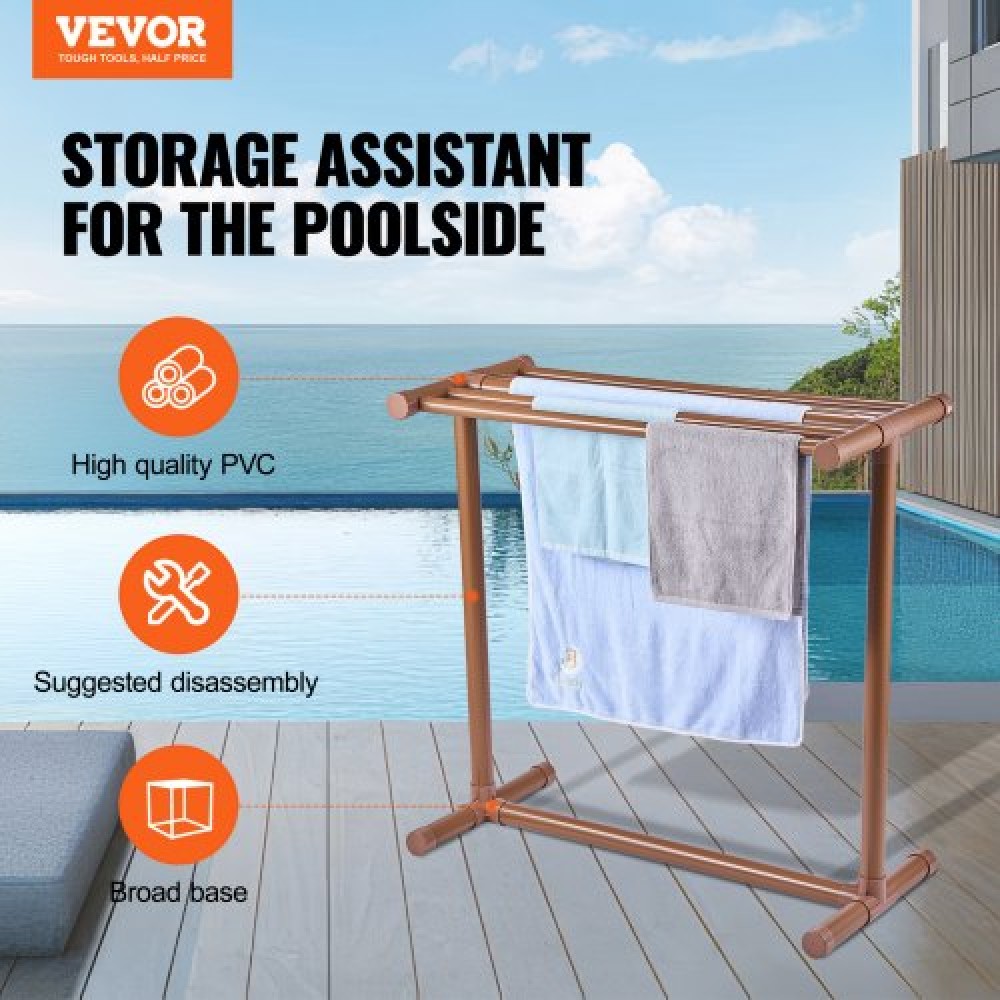 VEVOR Pool Towel Rack, 5 Bar, Brown, Freestanding Outdoor PVC T-Shape Poolside Storage Organizer, Include 8 Towel Clips, Mesh Bag, Hook, Also Stores Floats and Paddles, for Beach, Swimming Pool, Home
