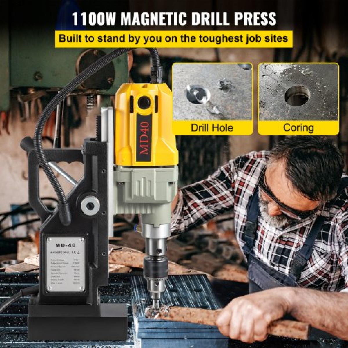 VEVOR Magnetic Drill, 1100W 4 cm Διάμετρος διάτρησης, 2697lbf/12000N Φορητή ηλεκτρική πρέσα τρυπανιού Mag με 7 Bit, 580 RPM Μέγιστη ταχύτητα διάτρησης για οποιαδήποτε επιφάνειες και οικιακές βελτιώσεις