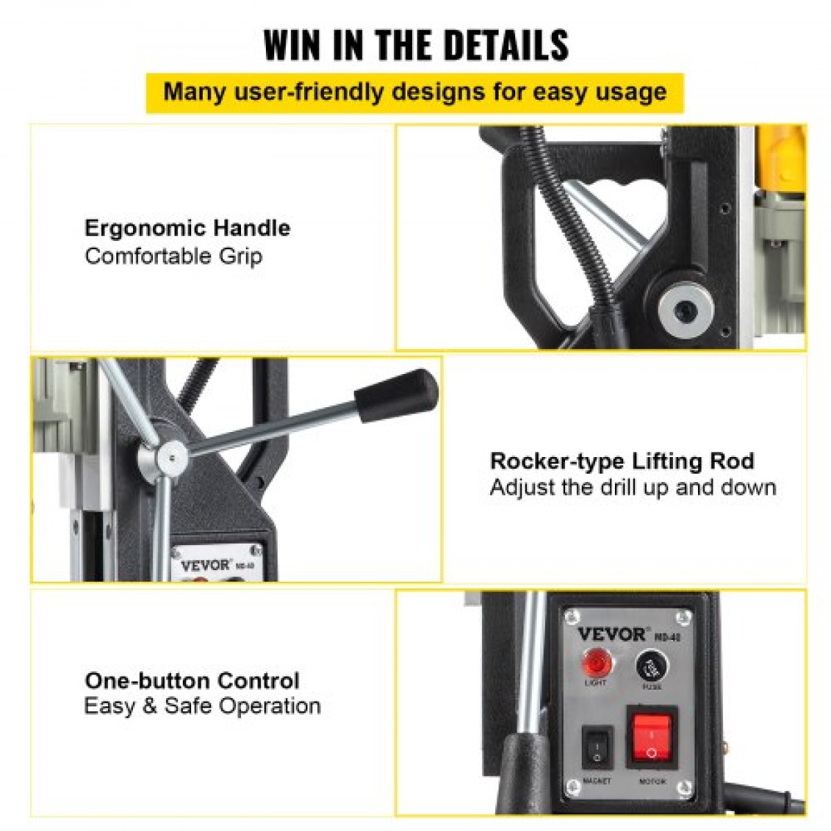 VEVOR Magnetic Drill, 1100W 4 cm Διάμετρος διάτρησης, 2697lbf/12000N Φορητή ηλεκτρική πρέσα τρυπανιού Mag με 7 Bit, 580 RPM Μέγιστη ταχύτητα διάτρησης για οποιαδήποτε επιφάνειες και οικιακές βελτιώσεις