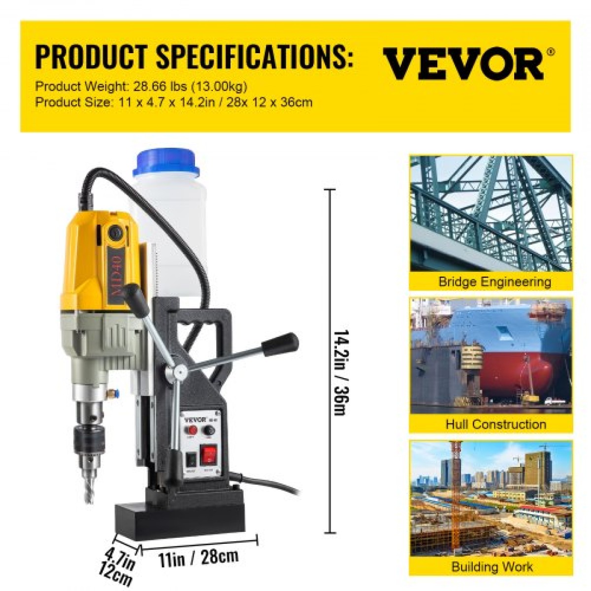 VEVOR Magnetic Drill, 1100W 4 cm Διάμετρος διάτρησης, 2697lbf/12000N Φορητή ηλεκτρική πρέσα τρυπανιού Mag με 7 Bit, 580 RPM Μέγιστη ταχύτητα διάτρησης για οποιαδήποτε επιφάνειες και οικιακές βελτιώσεις