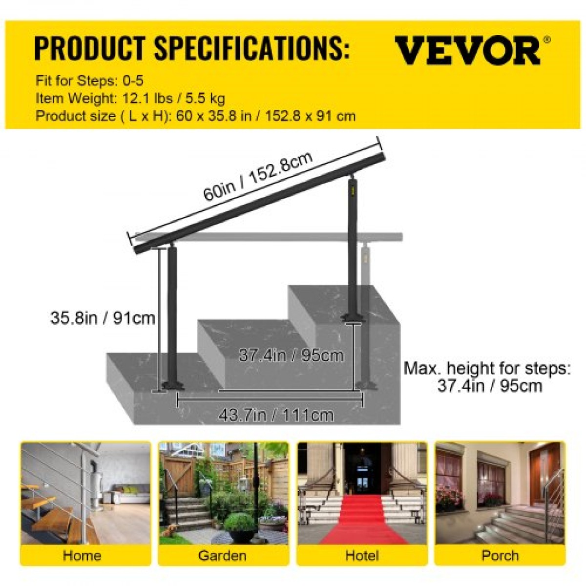 Σετ κιγκλίδωμα σκάλας VEVOR, κουπαστές 152,4 cm για εξωτερικούς χώρους 0-5 σκαλοπάτια, κουπαστή σκάλας με ρυθμιζόμενη γωνία μαύρου αλουμινίου, σκάλες εσωτερικού & εξωτερικού χώρου για ηλικιωμένους