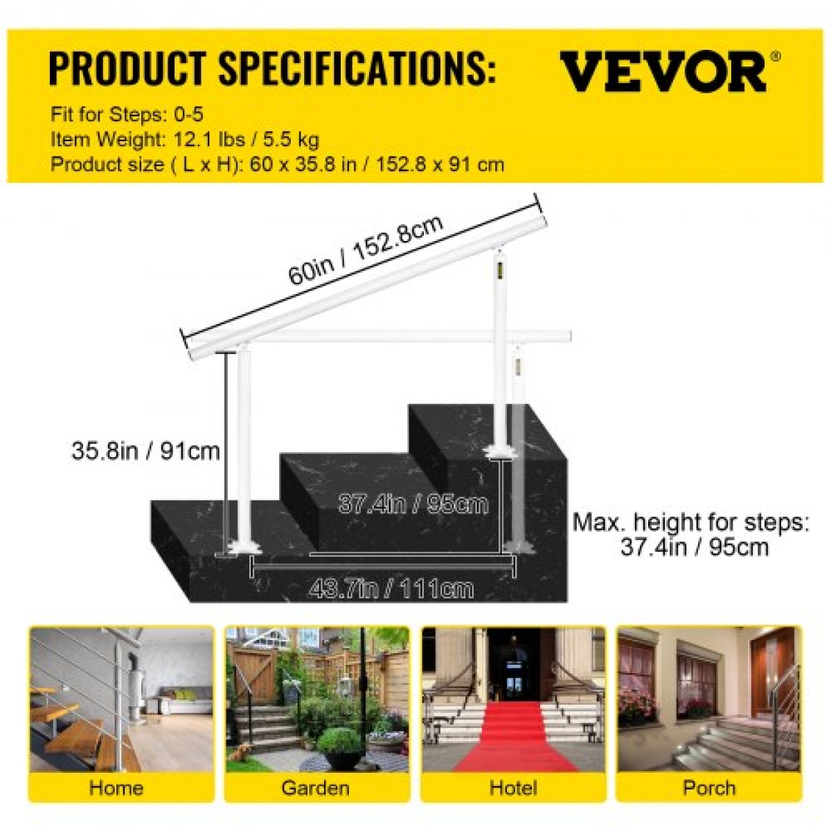 Σετ κιγκλίδωμα σκάλας VEVOR, κουπαστές 152,4 cm για εξωτερικούς χώρους 0-5 σκαλοπάτια, κουπαστή σκάλας με ρυθμιζόμενη γωνία λευκό αλουμίνιο, σκάλες εσωτερικού & εξωτερικού χώρου για ηλικιωμένους