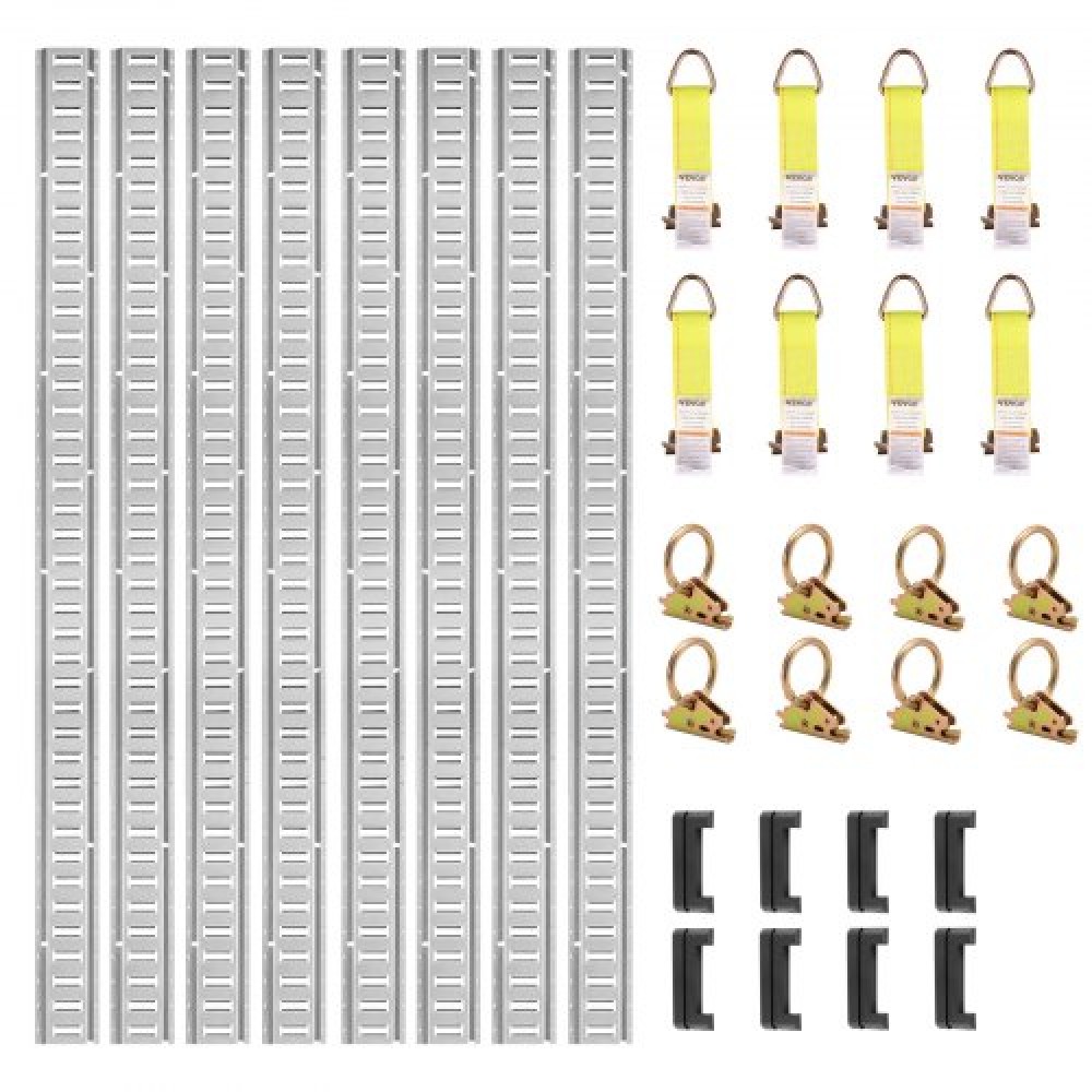 VEVOR E Track Tie-Down Rail Kit, 34PCS 152,4 cm Σετ E-Tracks Περιλαμβάνει 8 χαλύβδινες ράγες & 2 μονή υποδοχή & 8 δακτυλίους O & 8 ​​δεσίματα με D-ring & 8 τελικές τάπες, αξεσουάρ ασφάλισης για φορτίο, μοτοσικλέτες και ποδήλατα
