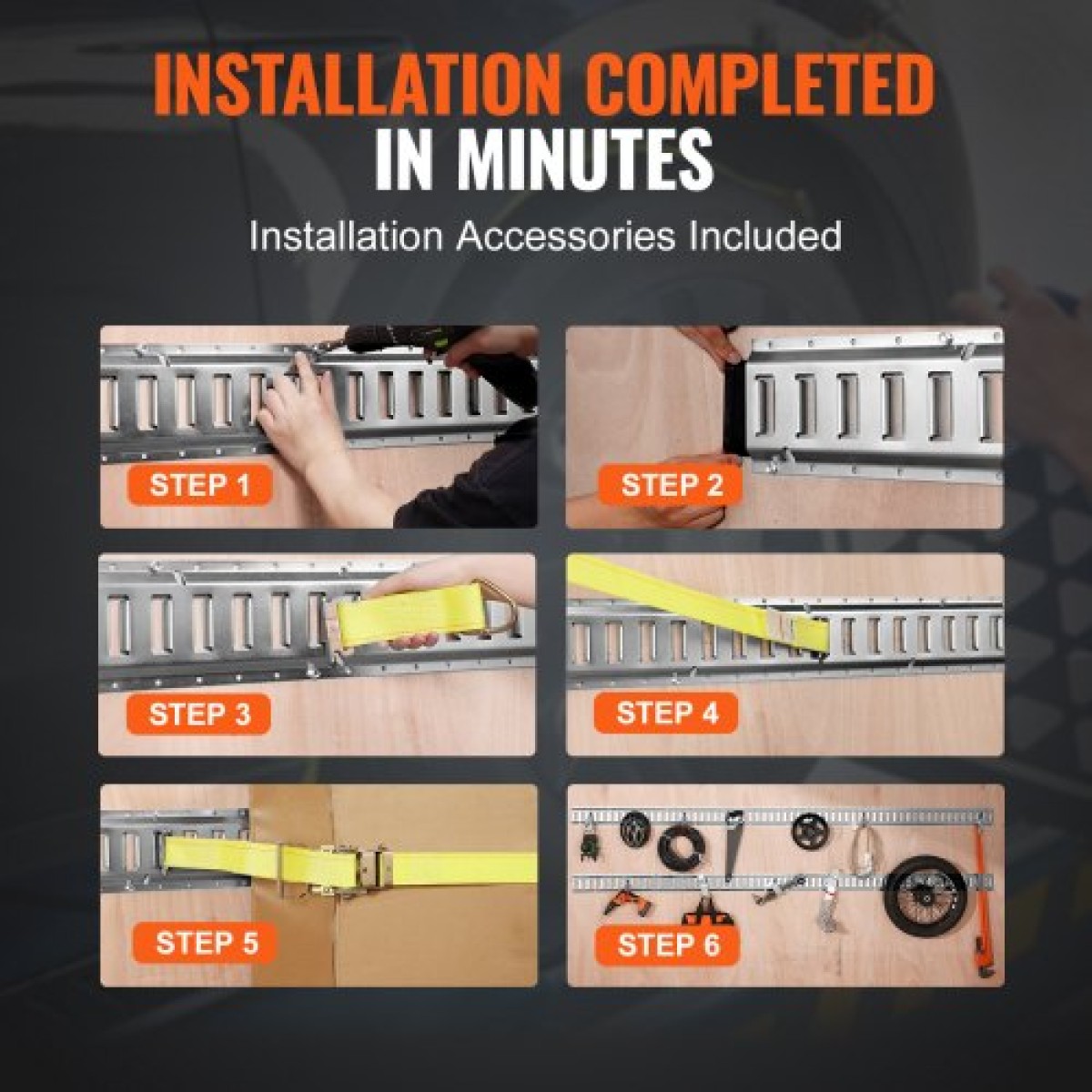 VEVOR E Track Tie-Down Rail Kit, 34PCS 152,4 cm Σετ E-Tracks Περιλαμβάνει 8 χαλύβδινες ράγες & 2 μονή υποδοχή & 8 δακτυλίους O & 8 ​​δεσίματα με D-ring & 8 τελικές τάπες, αξεσουάρ ασφάλισης για φορτίο, μοτοσικλέτες και ποδήλατα