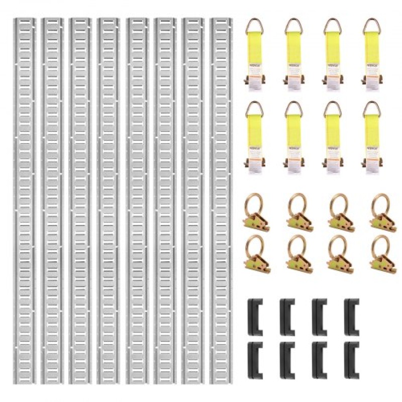 VEVOR E Track Tie-Down Rail Kit, 34PCS 152,4 cm Σετ E-Tracks Περιλαμβάνει 8 χαλύβδινες ράγες & 2 μονή υποδοχή & 8 δακτυλίους O & 8 ​​δεσίματα με D-ring & 8 τελικές τάπες, αξεσουάρ ασφάλισης για φορτίο, μοτοσικλέτες και ποδήλατα