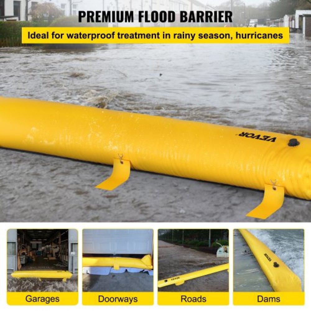 VEVOR Flood Barrier, 732 × 25,4 × 15,3 cm, επαναχρησιμοποιούμενοι σωλήνες εκτροπής νερού από PVC, ελαφρύ υδροφράγμα με εξαιρετική αδιάβροχη επίδραση που χρησιμοποιείται για πόρτες, γκαράζ, κίτρινο